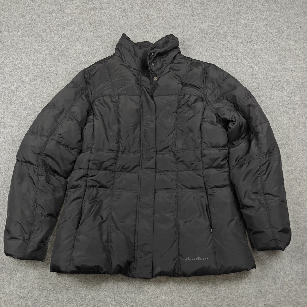 Eddie Bauer Jacket Womens Large Black Puffer Insulated Down Mid-Length Full Zip